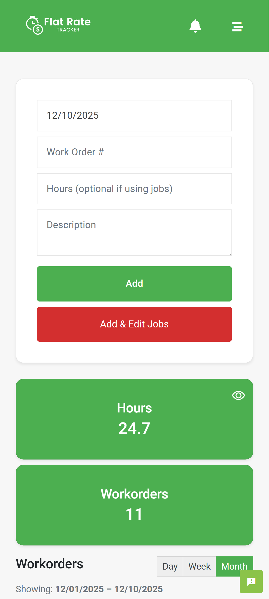 Flat Rate Tracker Dashboard Overview mobile screenshot